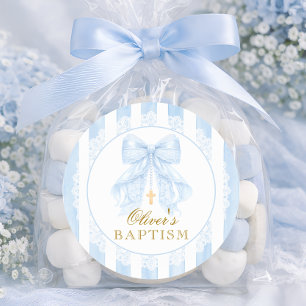 Blue Bow Lace Boy Baptism Classic Round Sticker