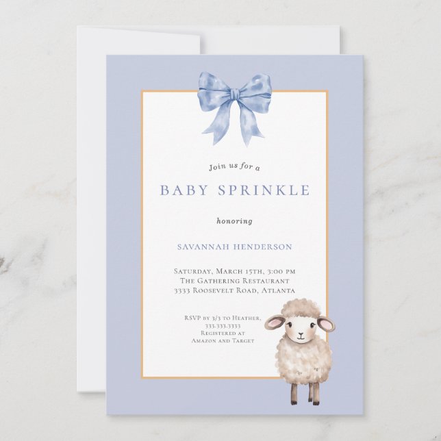 Blue Bow Lamb Baby Shower Sprinkle Invitation (Front)