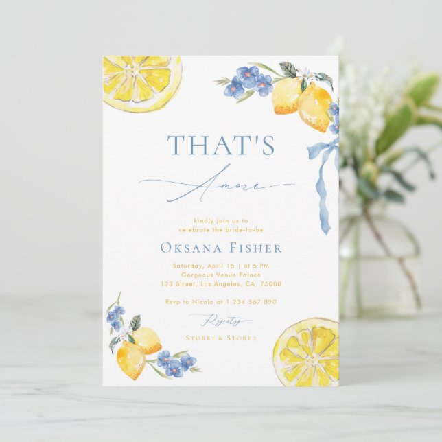 Blue Bow Lemons That's Amore Italian Bridal Shower Invitation (Standing Front)