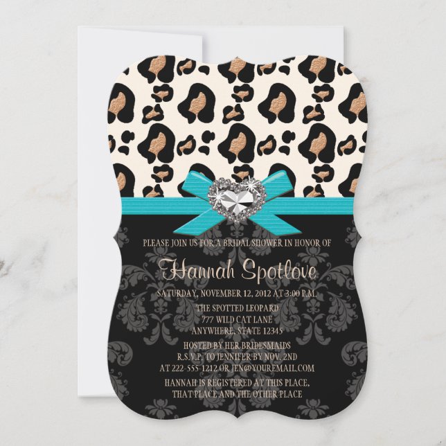 Blue Bow Leopard Print Faux Bling Bridal Shower Invitation (Front)