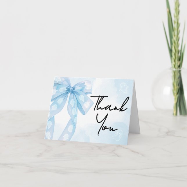 Blue Bow Little Boo Baby Shower Thank You Card (Front)