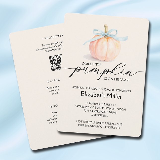 Blue Bow Little Pumpkin Baby Shower All In One Invitation (Blue ribbon bow little pumpkin boy baby shower all in one invitations)