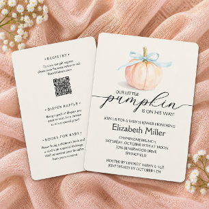 Blue Bow Little Pumpkin Baby Shower All In One Invitation