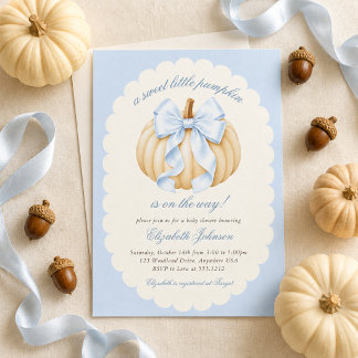 Blue Bow Little Pumpkin Baby Shower Invitation