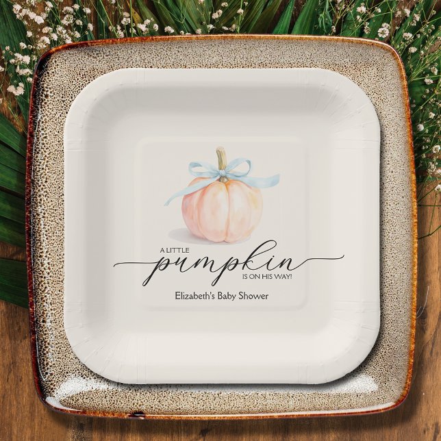 Blue Bow Little Pumpkin Baby Shower Paper Plate (Blue Bow Little Pumpkin Boy Baby Shower Square Paper Plates)