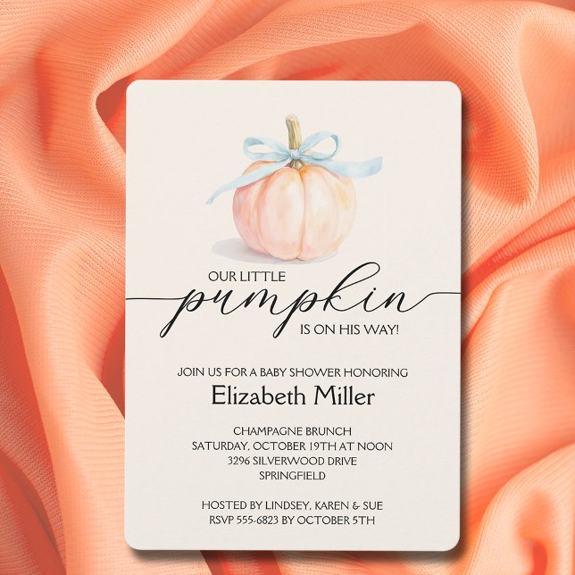 Blue Bow Little Pumpkin Boy Baby Shower Invitation (Blue ribbon and bow little pumpkin boy baby shower invitations)
