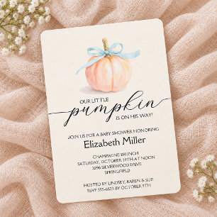 Blue Bow Little Pumpkin Boy Baby Shower Invitation