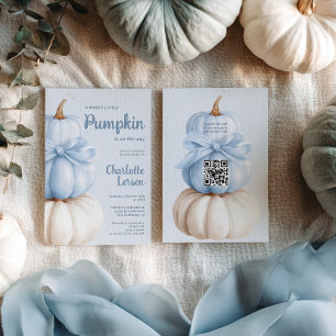 Blue Bow Little Pumpkin Boy Baby Shower QR Code Invitation