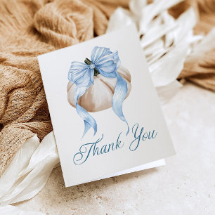 Blue Bow Little Pumpkin Boy Baby Shower Thank You Invitation