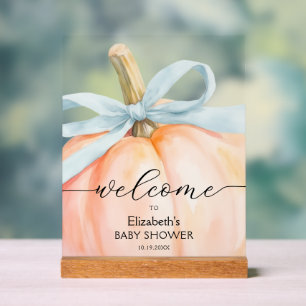 Blue Bow Little Pumpkin Boy Baby Shower Welcome Acrylic Sign