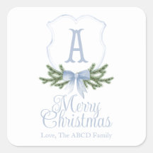 Blue Bow Merry Christmas Crest Sticker Tag - A
