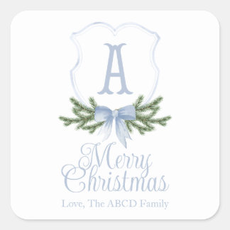 Blue Bow Merry Christmas Crest Sticker Tag - A