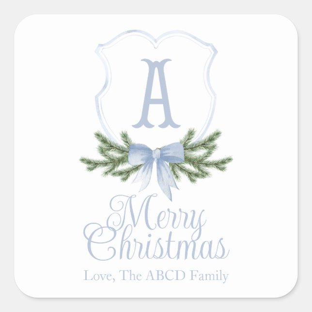 Blue Bow Merry Christmas Crest Sticker Tag - A (Front)