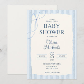Blue Bow Minimalist Baby Shower Invitation