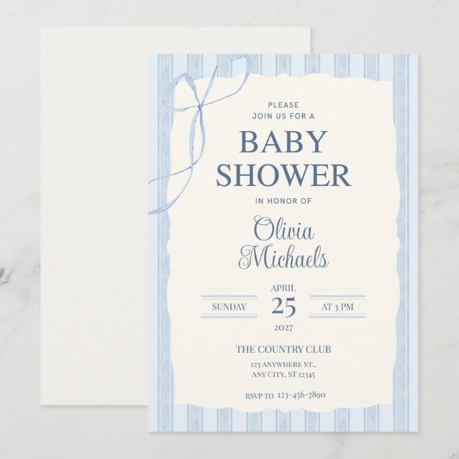 Blue Bow Minimalist Baby Shower Invitation (Front/Back)