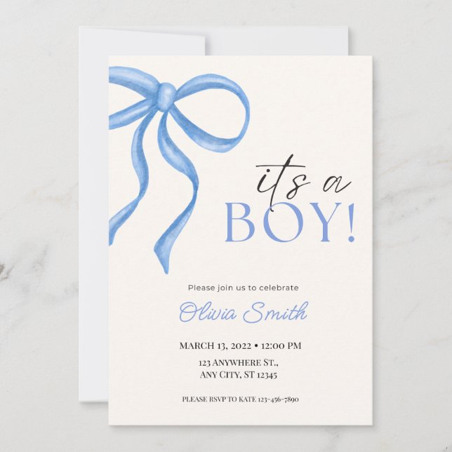 Blue Bow Minimalist Baby Shower Invitation (Front)