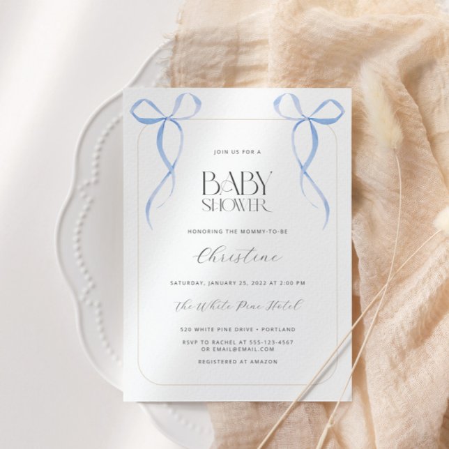 Blue Bow Minimalist Boy Baby Shower Invitation (Creator Uploaded)