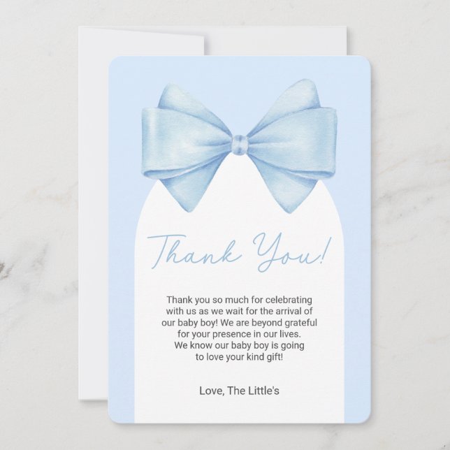 Blue Bow Modern Baby Shower Thank You Card (Front)
