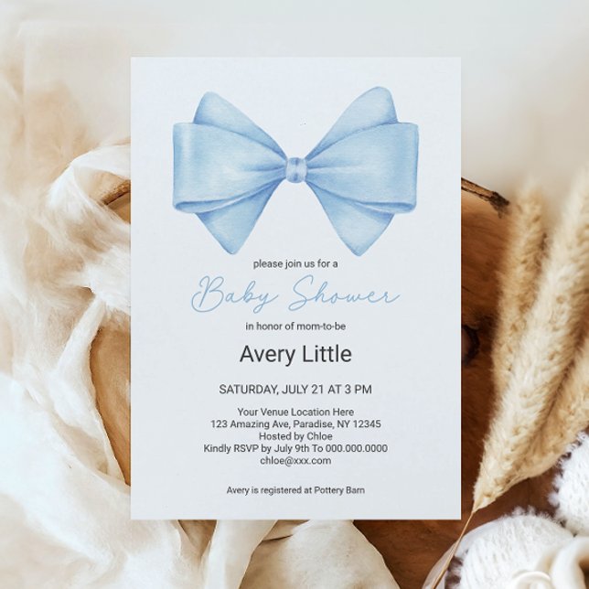 Blue Bow Modern Boy Baby Shower Invitation (Creator Uploaded)