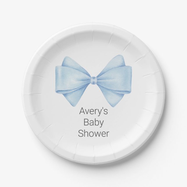 Blue Bow Modern Boy Baby Shower Paper Plate (Front)