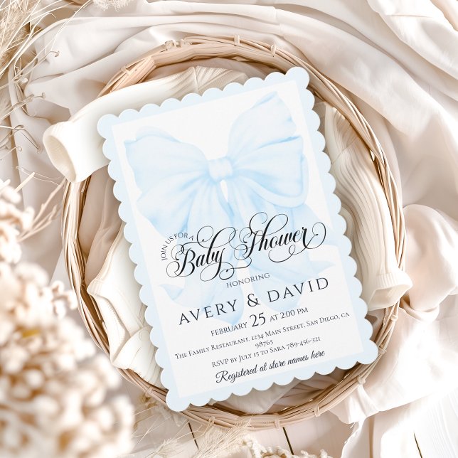 Blue Bow Modern Elegant Baby Boy Shower Invitation (Creator Uploaded)