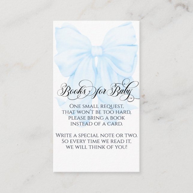 Blue Bow Modern Elegant Boy Baby Shower Books Enclosure Card (Front)