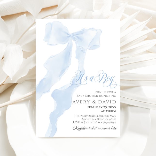 Blue Bow Modern Elegant It's a Boy Baby Shower Invitation (Creator Uploaded)