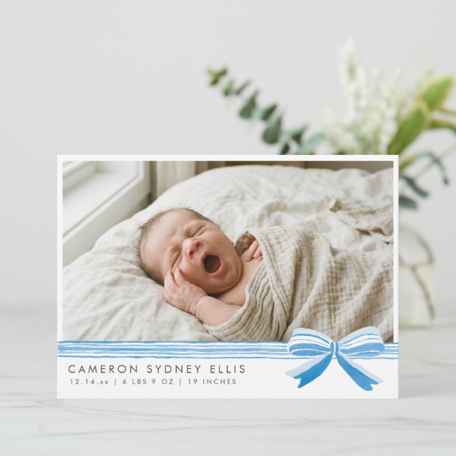 Blue Bow Modern Minimalist Script Baby Photo Birth Thank You Card (Standing Front)
