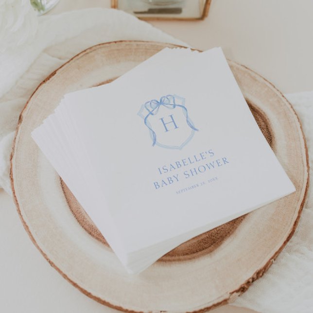 Blue Bow Monogram Crest Baby Shower Napkin (Creator Uploaded)