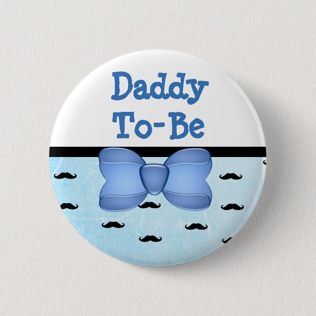 Blue Bow & Moustache Daddy to be Baby Shower 6 Cm Round Badge (Front)
