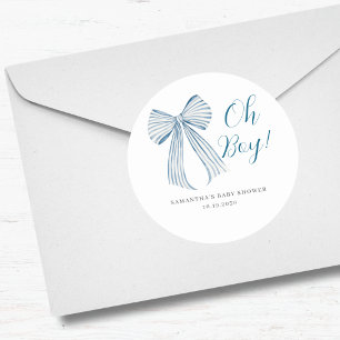 Blue Bow Oh Boy Baby Shower Classic Round Sticker