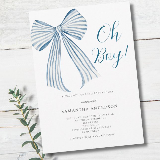 Blue Bow Oh Boy Baby Shower Invitation (Creator Uploaded)