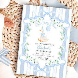 Blue Bow One Silly Goose Floral Boy 1st Birthday Invitation