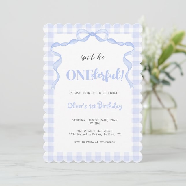 Blue Bow  Onederful Boy 1st Birthday Invitation (Standing Front)