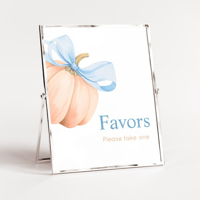 Blue Bow Orange Pumpkin Favours Sign (Little Pumpkin Bow Baby Shower Favors SIgn)