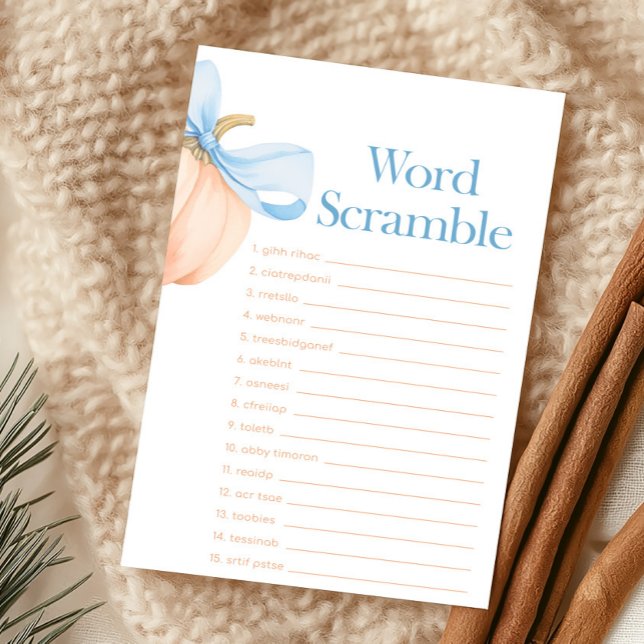Blue Bow Orange Pumpkin Word Scramble Game (Little Pumpkin Bow Baby Shower Word Scramble Game)