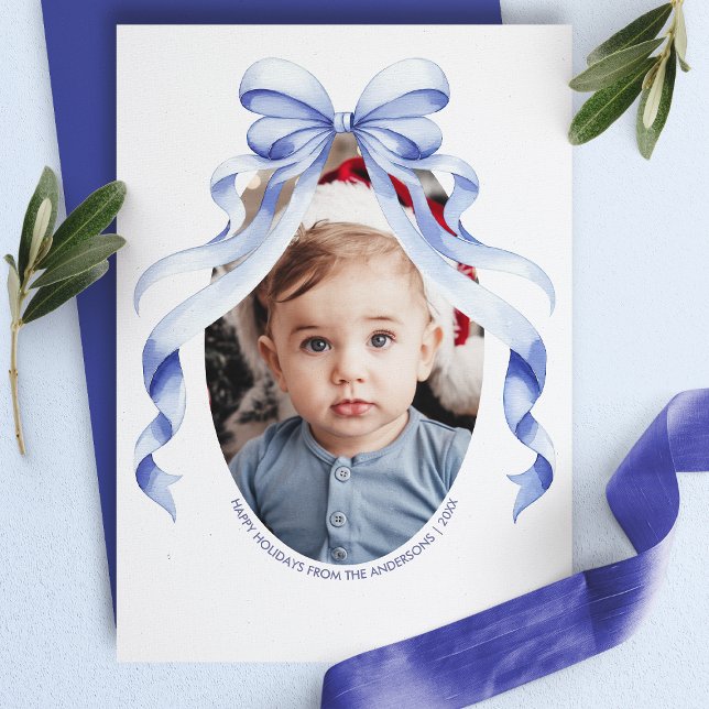  Blue Bow Oval Photo Christmas Holiday Card (Creator Uploaded)