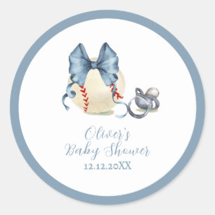 Blue Bow Pacifier Baseball Sport Baby Shower  Classic Round Sticker