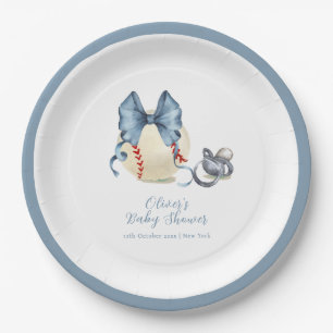Blue Bow Pacifier Baseball Sport Baby Shower  Paper Plate