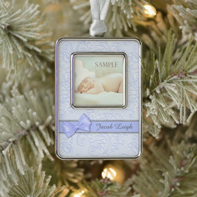 Blue Bow Pastel Baby First Christmas Silver Plated Framed Ornament (Tree)