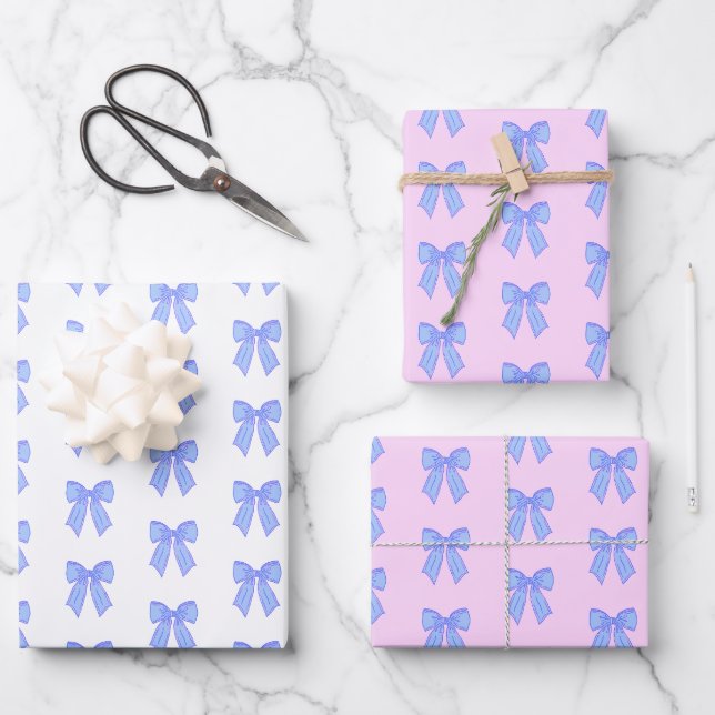 Blue bow pattern wrapping paper sheet (Front)