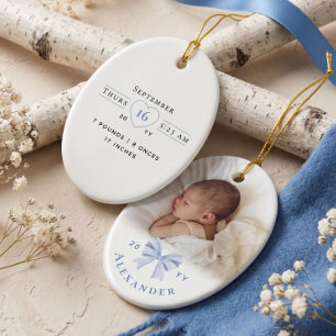 Blue Bow Personalised Baby Name Photo Birth Stats Ceramic Tree Decoration