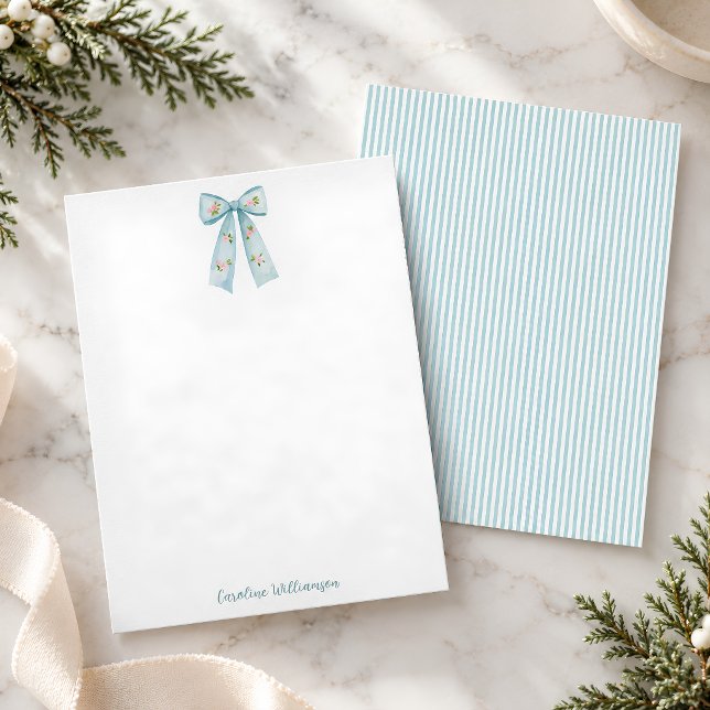 Blue Bow Personalised Script Stripe Preppy Chic Card (Creator Uploaded)
