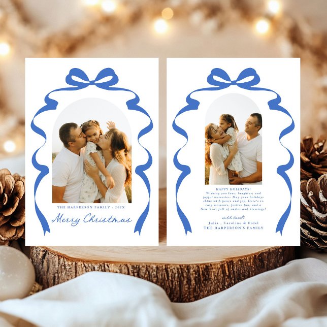 Blue Bow Photo Merry Christmas Arch Holiday Card (Creator Uploaded)