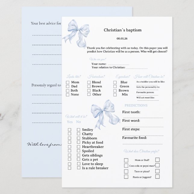 Blue Bow Predictions and advice game for Baptism (Front/Back)
