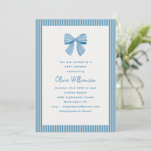 Blue Bow Preppy Stripe Classic Boy Baby Shower Invitation