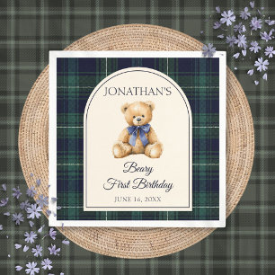 Blue Bow Preppy Teddy Bear 1st Birthday Napkin
