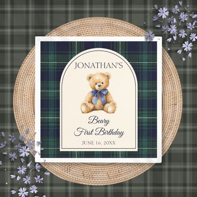 Blue Bow Preppy Teddy Bear 1st Birthday Napkin (Blue Bow Preppy Teddy Bear 1st Birthday Napkins)