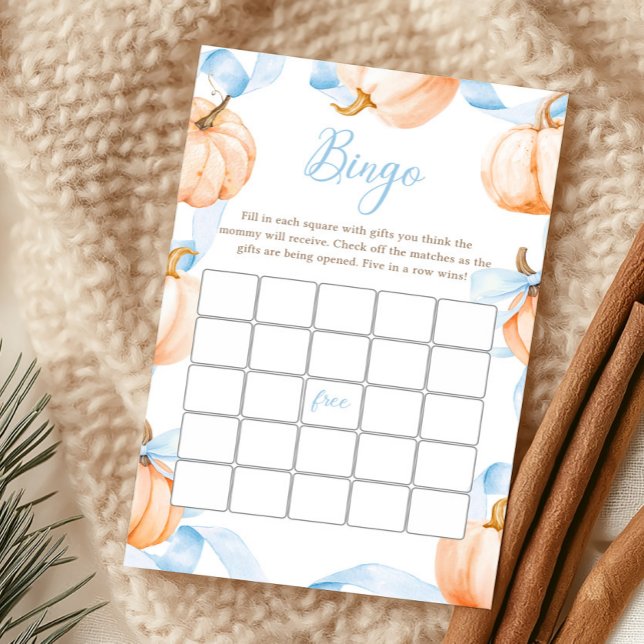 Blue Bow Pumpkin Baby Shower Bingo Game (Boy Bow Pumpkin Baby Shower Bingo Game)