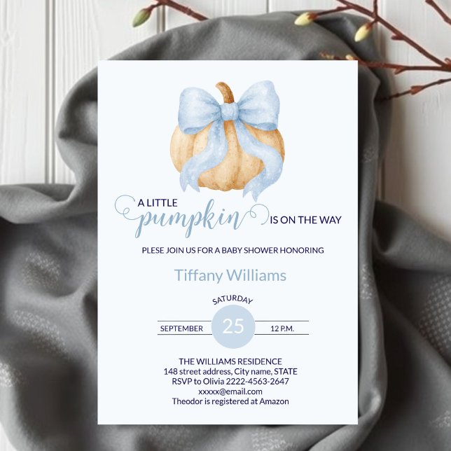 Blue bow pumpkin baby shower minimalistic  invitation (Minimalistic Little Pumpkin Baby Shower Invitation Boy | Blue Bow Fall Theme)